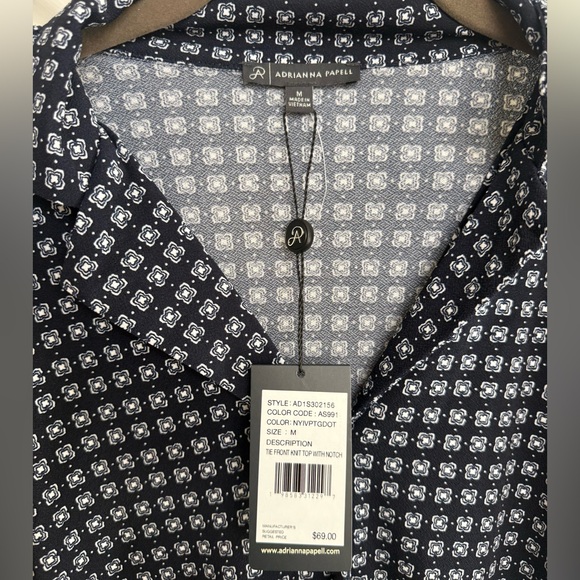 Adrianna Papell Tie-Front Knit Top Blouse  – NWT – Size M- Navy Blue - Picture 3 of 7